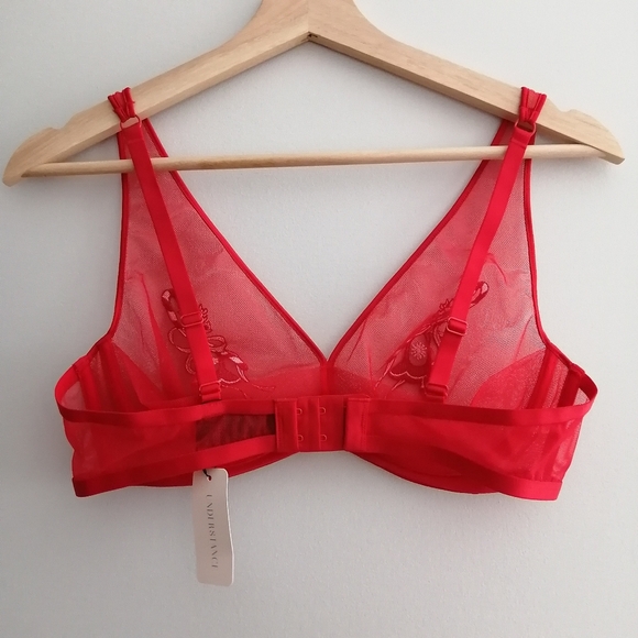NWT Understance Sheer Plunge Bra With Embroidery in Goji Berry Red - Picture 7 of 16